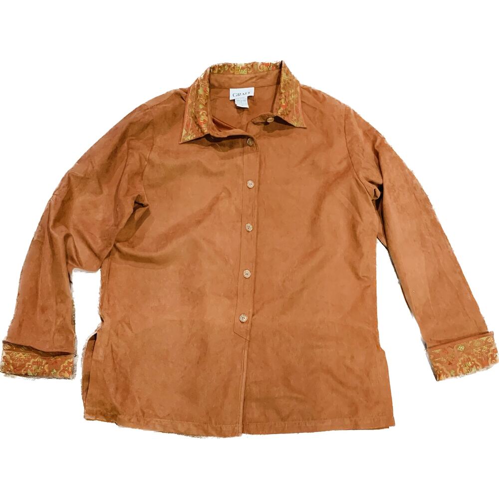 Vintage Button Down Shirt Womens Size Medium Long Sleeve Rust Brown Embroidery